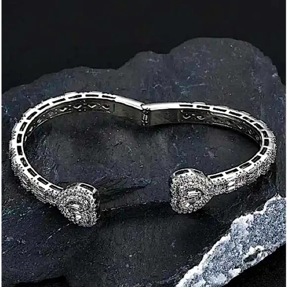 Open Heart Silver Baguette Iced Out Cubic Zircon Diamond Bangle Cuff Bra… - Picture 5 of 13